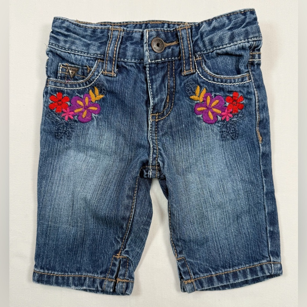 GUESS JEANS Y2K-Inspired 00s Baby Girls' Floral Denim Bermuda Shorts Size 12M